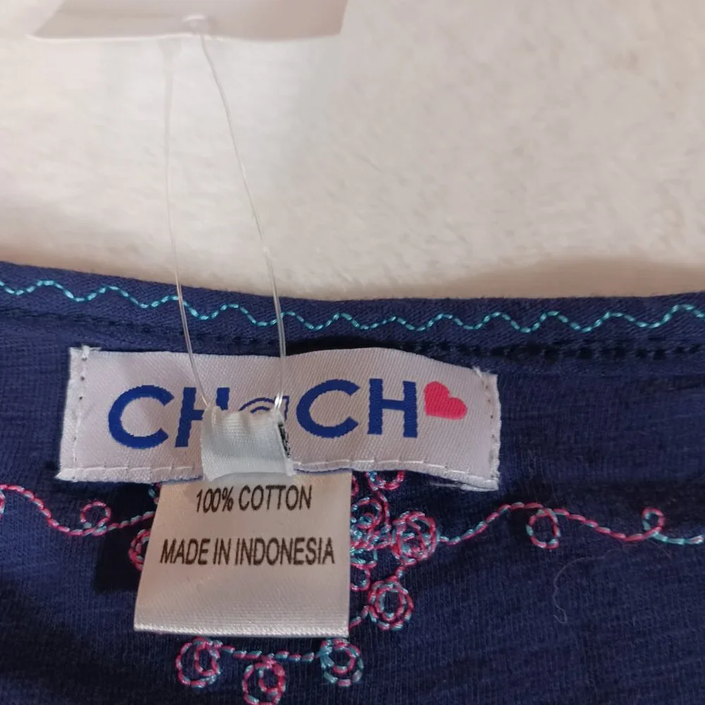 Chach, NWT,  Maxi Kimono, Boho, Navy w/ Pink & Aqua Trim, Whimsical, Small - Picture 13 of 14